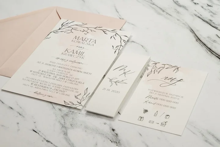 Standardowe zaproszenie składa się z kartki głównej i koperty, a rozbudowane dołącza do tego wkładkę RSVP i wkładkę informacyjną z detalami logistycznymi