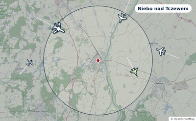 Mapa okolic miasta z sylwetkami samolotów — Niebo nad Tczewem na żywo