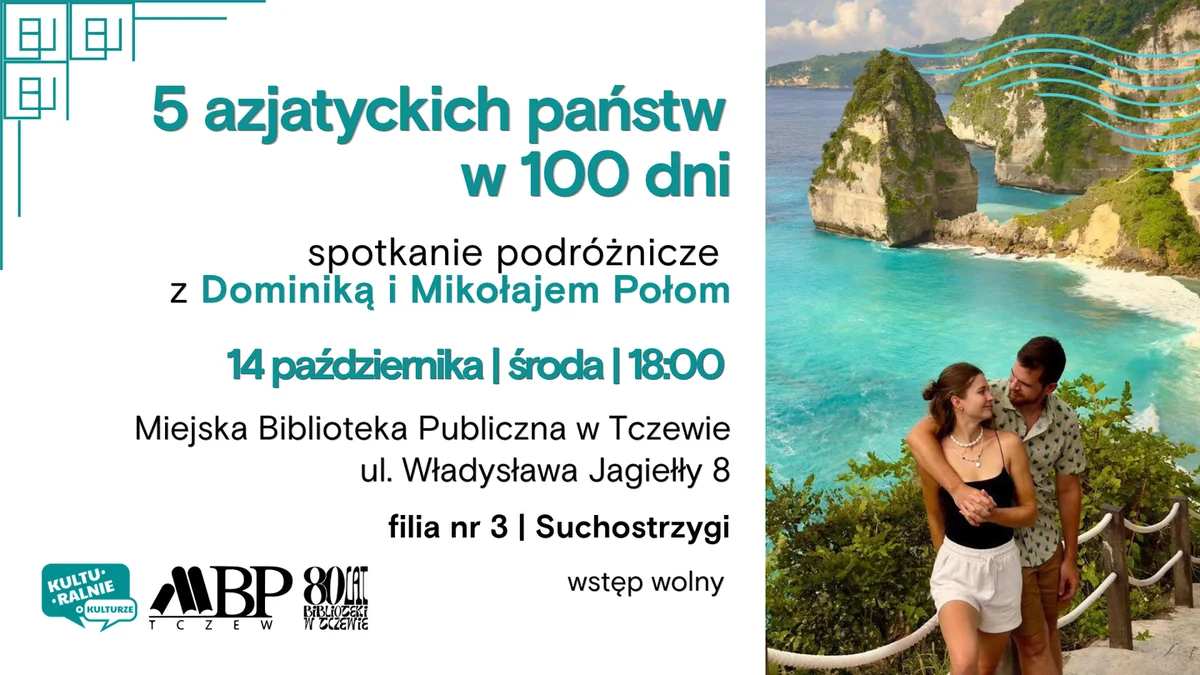 Grafika promocyjna wydarzenia 5 azjatyckich państw w 100 dni. Spotkanie podróżnicze w Tczewie