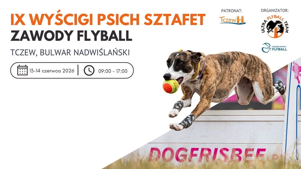 Grafika promocyjna wydarzenia IX Wyścigi Psich Sztafet w Tczewie 2026 – flyball na Bulwarze Nadwiślańskim