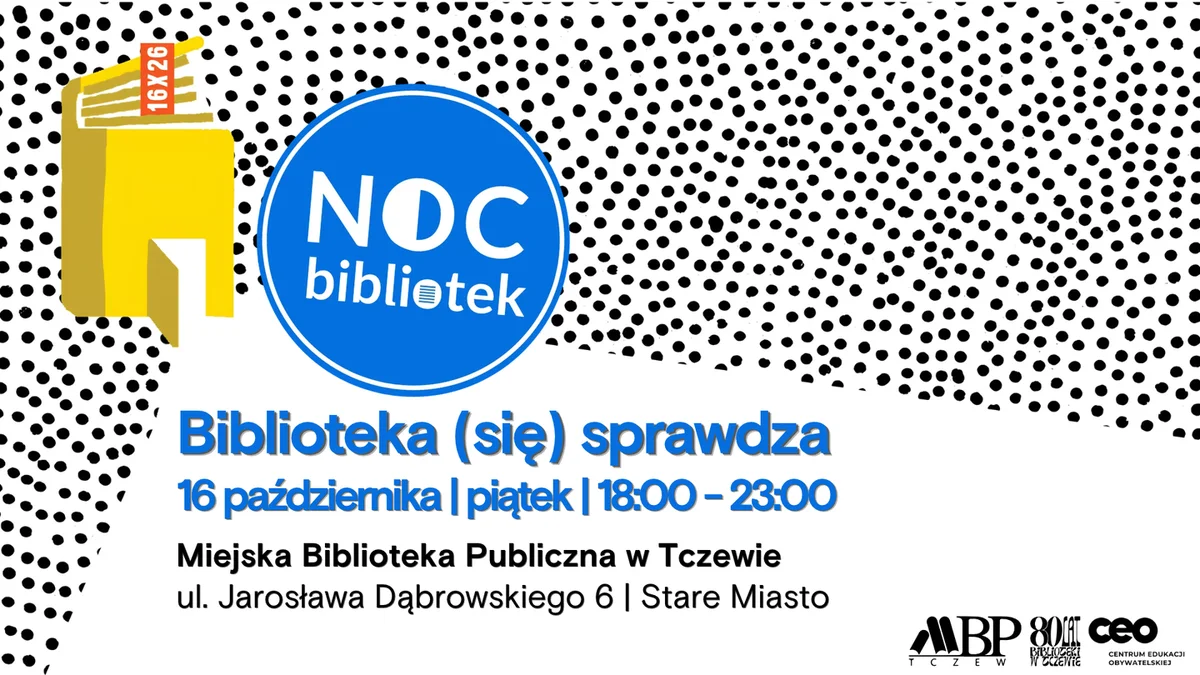 Grafika promocyjna wydarzenia Noc Bibliotek w Tczewie