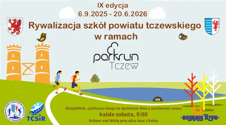 Grafika promocyjna wydarzenia parkrun Tczew — konkurs dla szkół powiatu tczewskiego 2025/2026