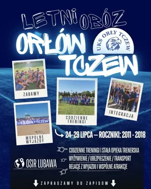 Grafika promocyjna wydarzenia Letni obóz piłkarski UKS Orły Tczew w Lubawie – treningi, integracja i wakacyjna piłkarska atmosfera