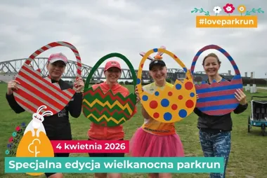 Grafika promocyjna wydarzenia parkrun Tczew na Wielkanoc. Aktywny początek świąt w przyjaznej atmosferze