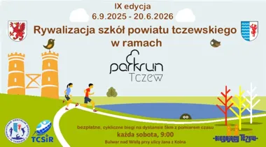 Grafika promocyjna wydarzenia parkrun Tczew 2025/2026: konkurs dla szkół powiatu tczewskiego