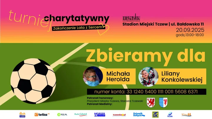 Obrazek przedstawia grafikę promocyjną wydarzenia Letni turniej charytatywny na stadionie w Tczewie