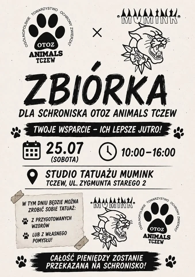 Grafika promocyjna wydarzenia WALK IN DLA SCHRONISKA – tatuaże Tczew