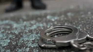 Metalowe kajdanki leżące na asfalcie wśród rozbitych odłamków szkła.